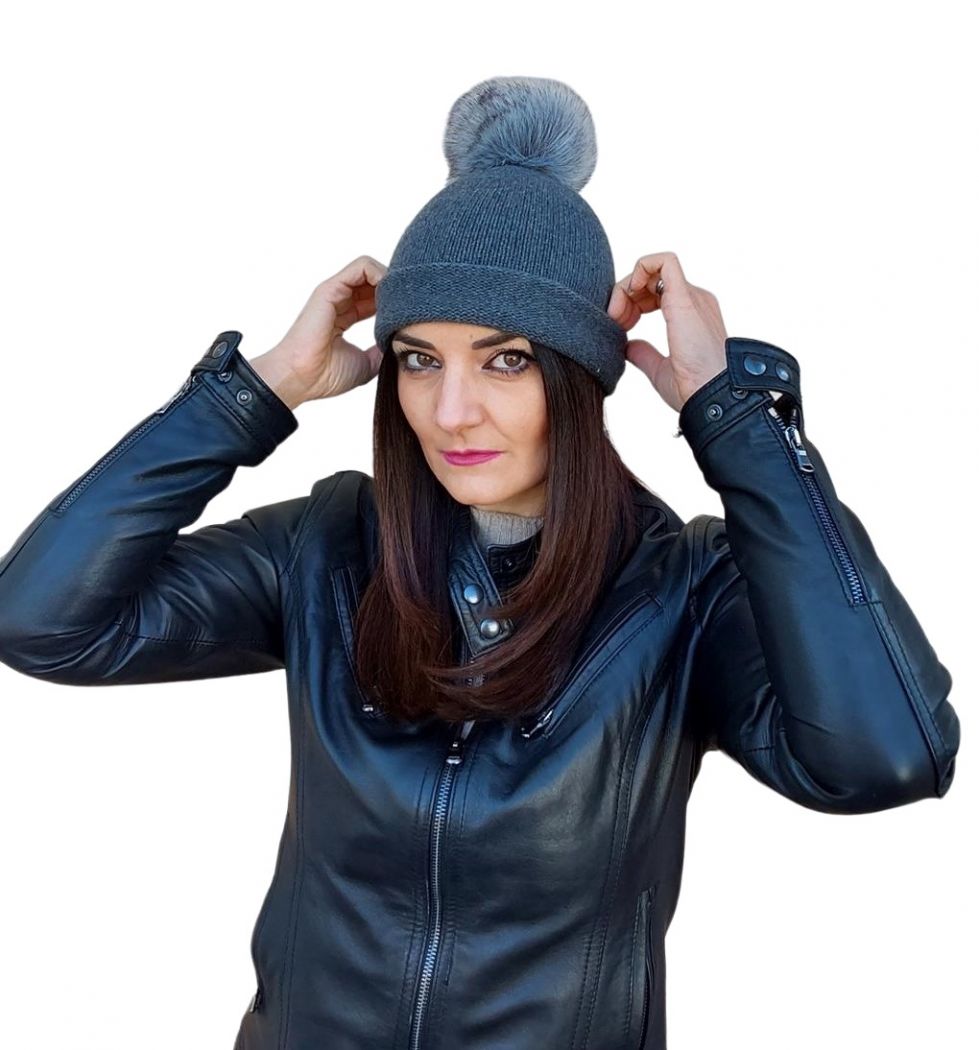 Cappello Donna Rasato con Pon Pon in Cashmere Rigenerato-5