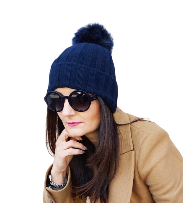 Cappello Donna a Coste con Pon Pon in Cashmere Rigenerato-4