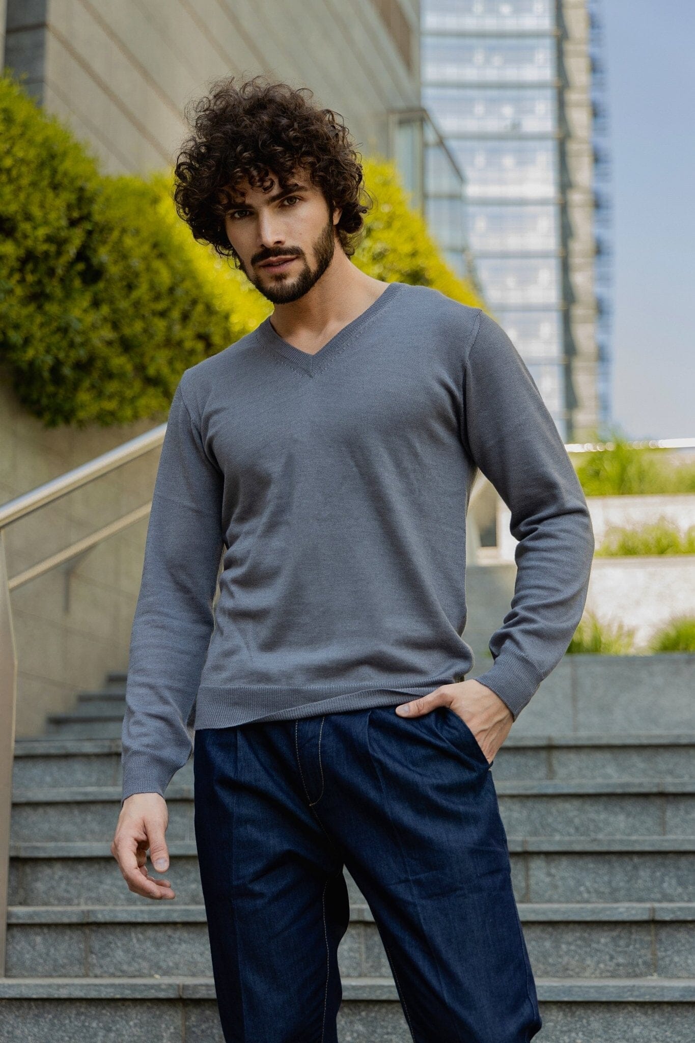 Maglia Uomo in misto Cashmere, Seta e Lana Merino Extrafine Scollo a V-0