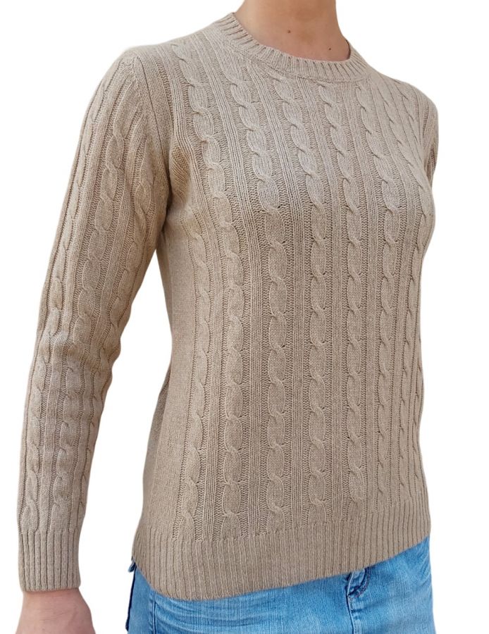 Maglia donna a trecce girocollo in cashmere rigenerato-1